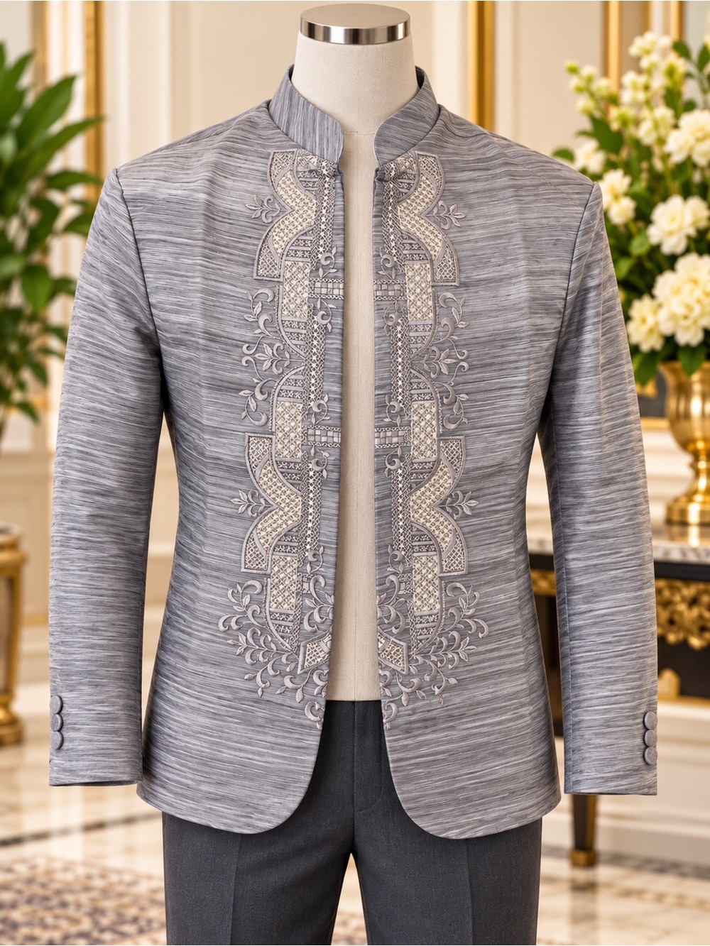 Prince Coat Barong Tagalog – Elegant Gray Embroidered Formal Jacket 3 in 1 Set